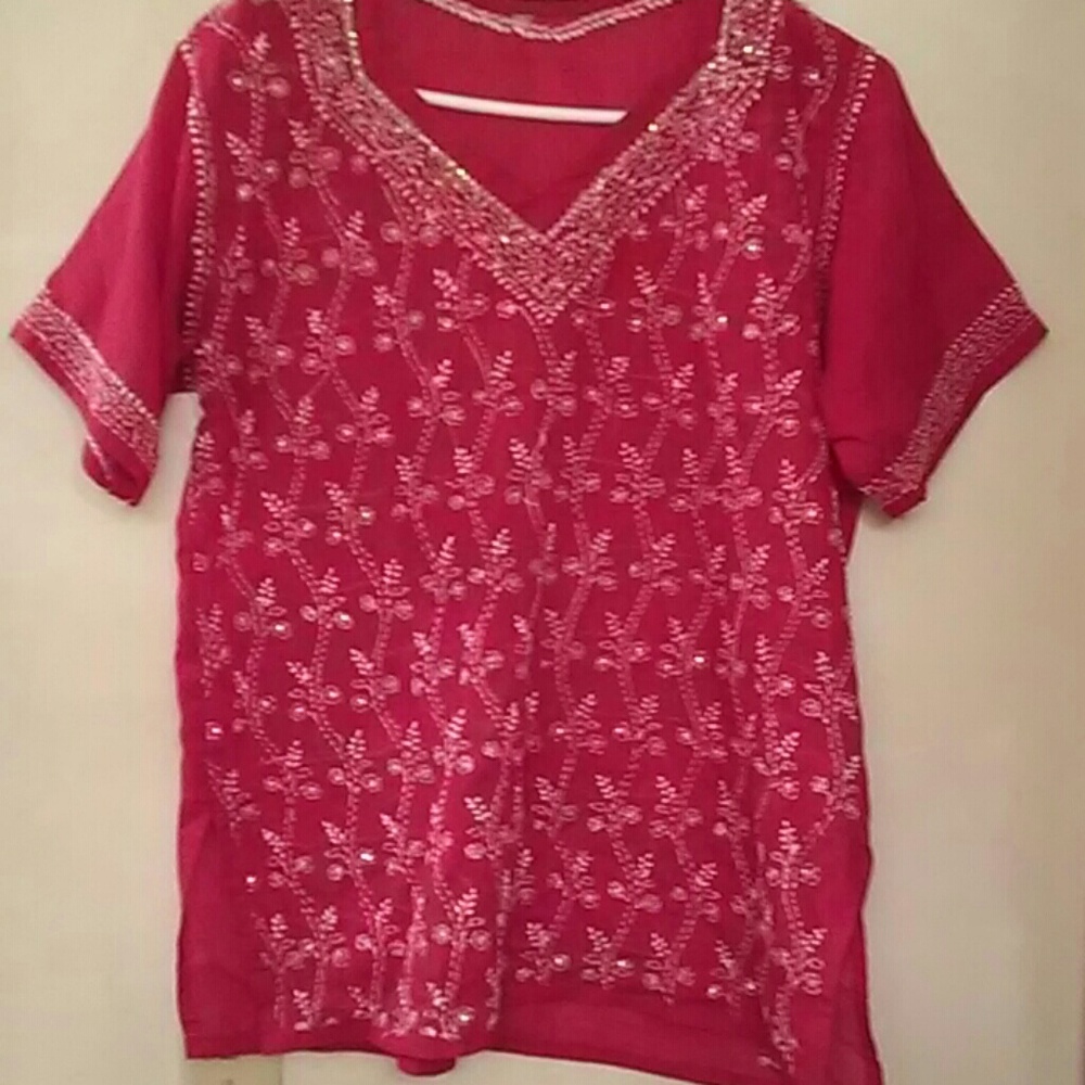 Women's Hand Embroidered Kurti top Boho Red